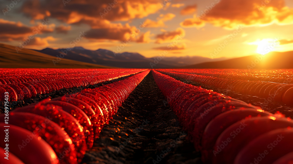 Fototapeta premium Vibrant Red Field at Sunset with Golden Light and Mountain Backdrop