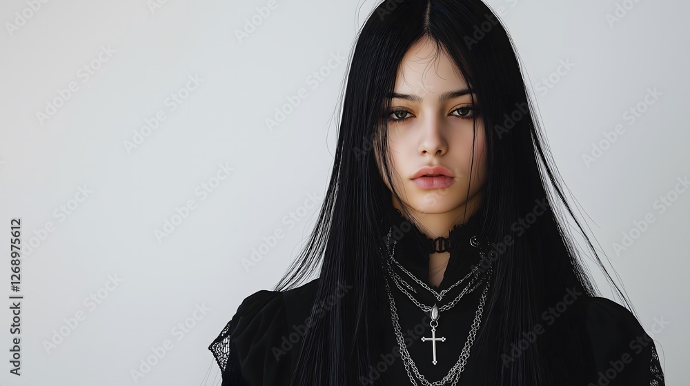 Fototapeta premium Asian female model with long black hair and multiple necklaces in dark clothing isolated on white background young woman oriental fashion portrait serious