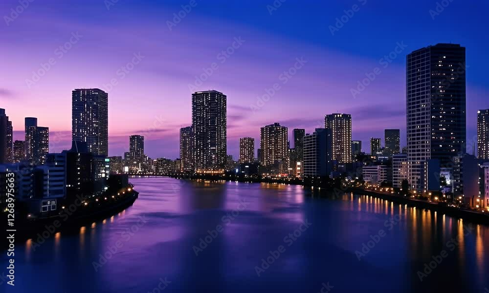 A serene twilight cityscape reflecting on a river, showcasing modern buildings and vibrant colors. A serene twilight cityscape reflecting on a river, showcasing modern buildings and vibrant colors.