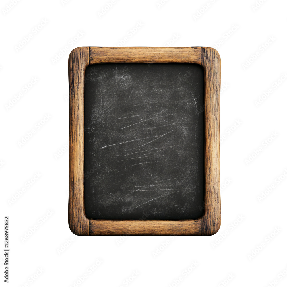 Fototapeta premium Rustic Blackboard Mockup: An aged and worn wooden frame encloses a blank black chalkboard surface, offering a vintage aesthetic ideal for showcasing your message, menu, or design.
