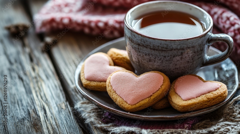 Heart-Shaped Cookies on Plate with Tea Cup and Cozy Background Heart-Shaped Cookies on Plate with Tea Cup and Cozy Background