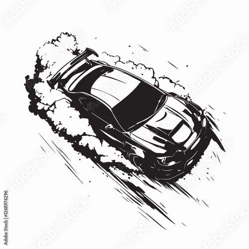 Top View of a Speeding Car Leaving a Trail of Smoke and Dust in Dynamic Vector Illustration