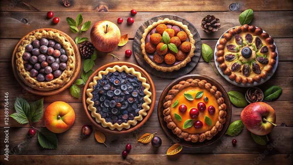 Fototapeta premium Homemade Pie Assortment: Five Delicious Top-View Pies