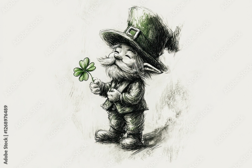Fototapeta premium Charming leprechaun with a four-leaf clover in a whimsical pose on a light background
