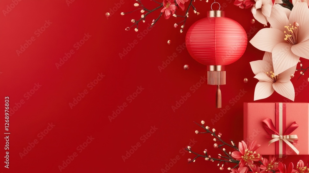 A festive arrangement featuring a red lantern, flowers, and a gift, symbolizing celebration. A festive arrangement featuring a red lantern, flowers, and a gift, symbolizing celebration.