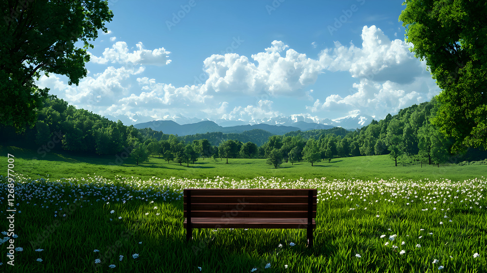 Wooden Bench in a Green Meadow Under a Blue Sky with White Clouds and Sunlight Wooden Bench in a Green Meadow Under a Blue Sky with White Clouds and Sunlight
