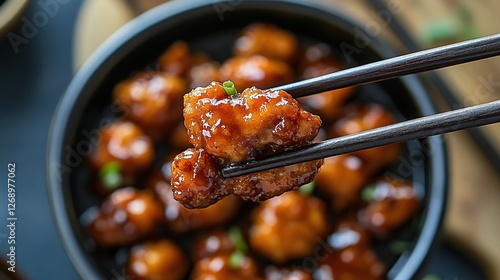 A single bite of General Tso's Chicken held by chopsticks, showcasing the crispy texture and thick, flavorful sauce