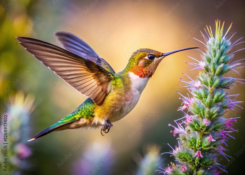 Fototapeta premium Hummingbird Feeding on Wormwood Flower - Close-up Nature Photography