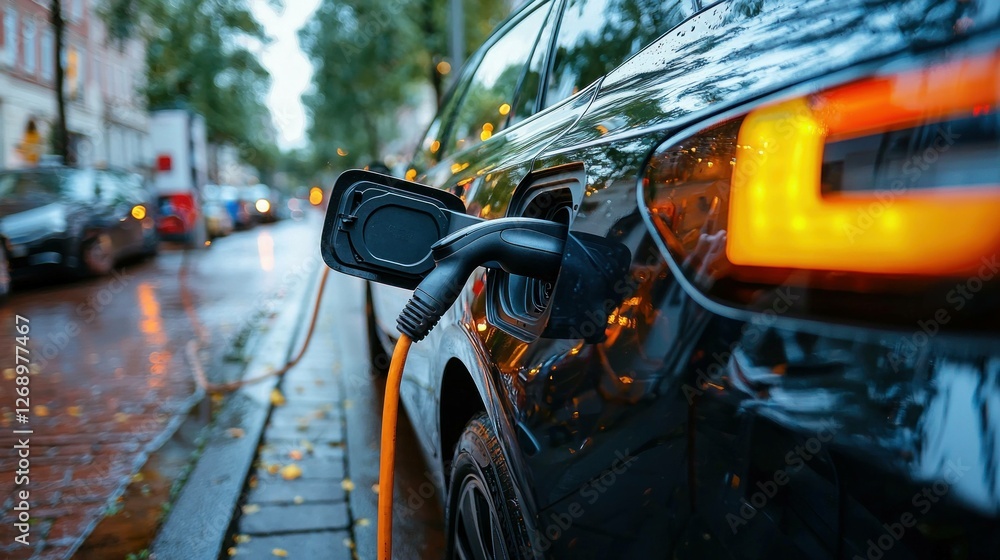 Obraz premium Electric car charging in urban setting during autumn, highlighting sustainability, technology, and eco friendly transport