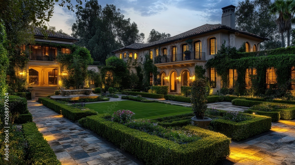 A peaceful backyard garden at night, with elegant landscape lighting casting gentle glows on manicured hedges and cobblestone walkways. A peaceful backyard garden at night, with elegant landscape lighting casting gentle glows on manicured hedges and cobblestone walkways.