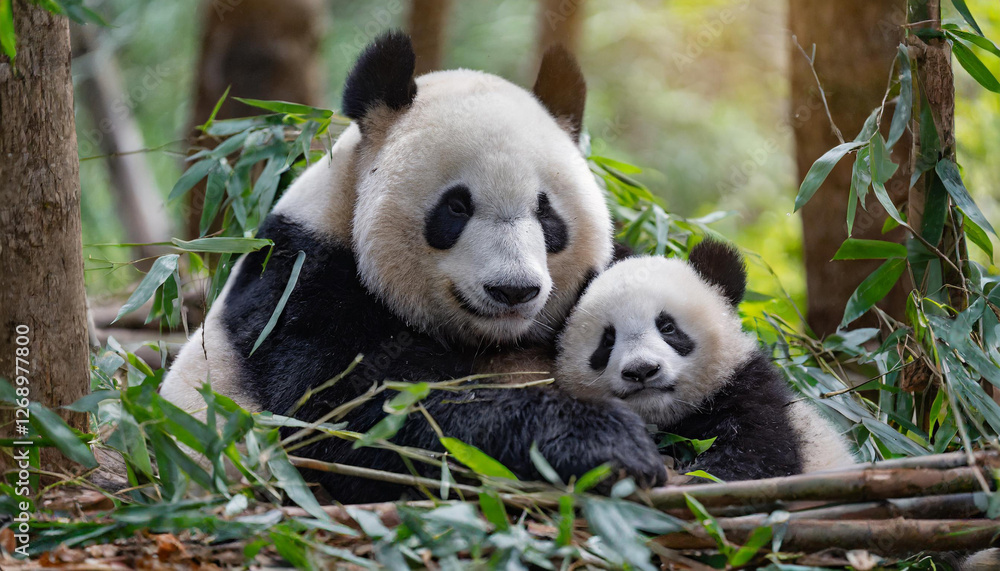 Fototapeta premium Una mamá oso panda con su adorable cachorro tumbados en un bosque de bambú verde en el dia mundial del oso panda