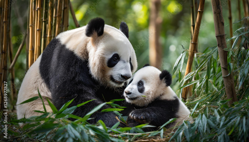 Obraz premium Una mamá oso panda con su adorable cachorro tumbados en un bosque de bambú verde en el dia mundial del oso panda