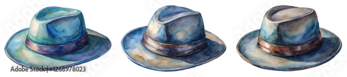 Watercolor hats illustration, stylish accessories, artistic design, fashion elements, vibrant colors, creative composition.