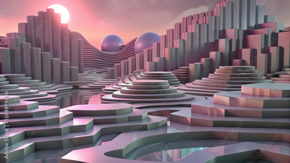 Obraz premium Abstract Geometric Landscape, Pastel Sunset