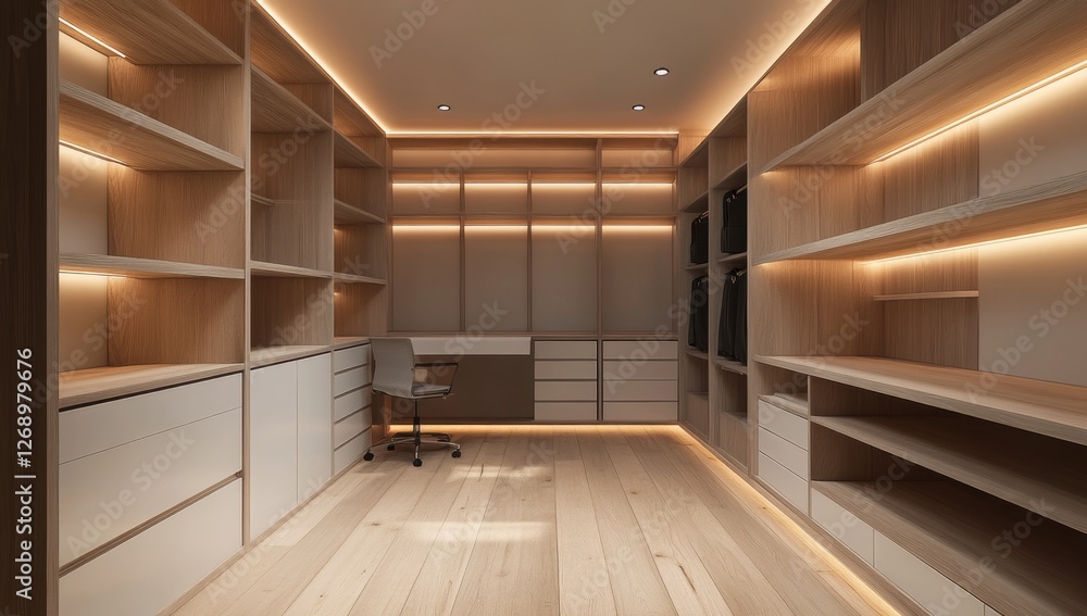 Modern walk-in closet design, illuminated shelves, wood floor, home interior, organization Modern walk-in closet design, illuminated shelves, wood floor, home interior, organization