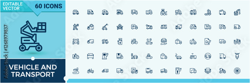 Set of Vehicle And Transport line icons. Contains such icons as walk, auto, car, transport, tram, vehicle, ship and more. Icons for design. Editable vector stroke.