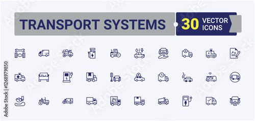 Set of Transport Systems line icons. It contains symbols to cycling, ship, motor, traffic, bus and more. Outline symbol collection. Editable stroke.