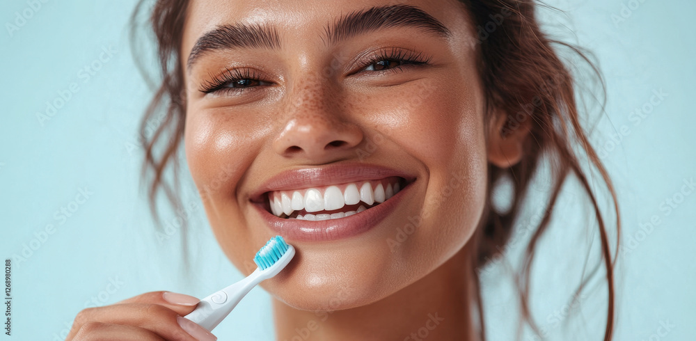 Beautiful woman enjoys brushing her teeth, showing a vibrant smile and glowing skin in a bright and cheerful atmosphere Beautiful woman enjoys brushing her teeth, showing a vibrant smile and glowing skin in a bright and cheerful atmosphere
