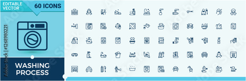 Set of Washing Process line icons. Featuring dry, wash, washer, machine, work, cloth, service, auto. Sign and Symbol. Solid line editable stroke.