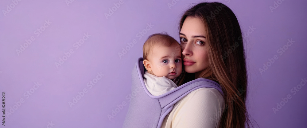 Woman with long brown hair gently carries her baby in a carrier, showcasing a tender moment in a calming purple environment Woman with long brown hair gently carries her baby in a carrier, showcasing a tender moment in a calming purple environment