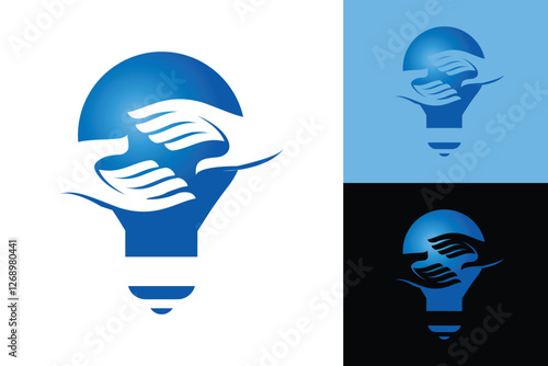 The image shows a flat logo design of a light bulb in blue color with a pair of hands. The logo looks clean on a white background and can be used as charity or humanity related logo.
