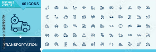Transportation icon collection. Includes thin line transport, trolleybus, tram, truck, sailing, cycling, car and more. Minimalist editable vector stroke.