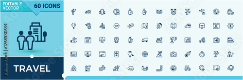 Travel icons set in linear style. Includes thin line air, pool, transportation, transport, car, bag and more. Minimalistic icon. Editable vector stroke.