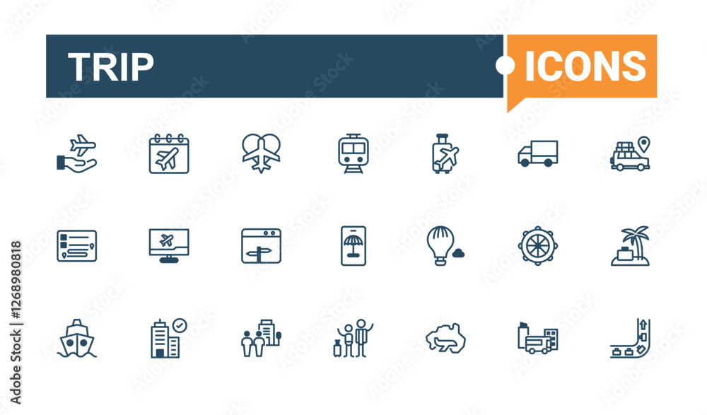 Trip icons set. It contains symbols to airport, parking, cruise, air, train, travel, trip and more. Thin outline icons pack. Editable vector stroke. Trip icons set. It contains symbols to airport, parking, cruise, air, train, travel, trip and more. Thin outline icons pack. Editable vector stroke.