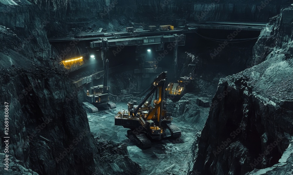 Mining excavators work in deep underground caverns. Mining excavators work in deep underground caverns.