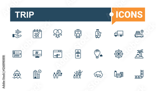 Trip icons set. It contains symbols to airport, parking, cruise, air, train, travel, trip and more. Thin outline icons pack. Editable vector stroke.