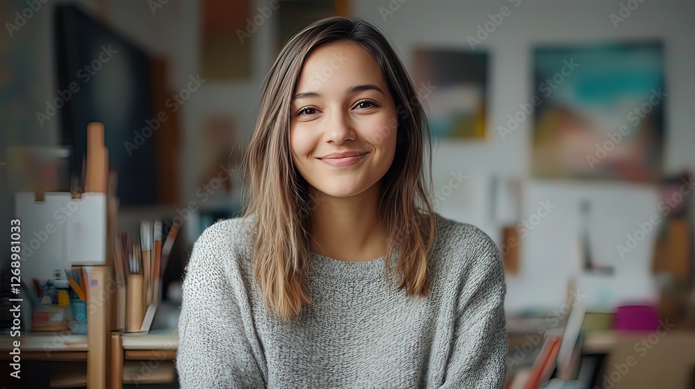 Young woman in a cozy studio, soft light on her face, surrounded by blurred art supplies, embodying creativity and focus. Young woman in a cozy studio, soft light on her face, surrounded by blurred art supplies, embodying creativity and focus.