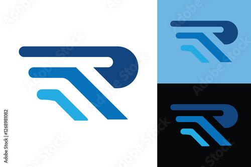 The image shows a flat monogram logo design of an initial letter R in blue color that looks sporty and speedy on a white background