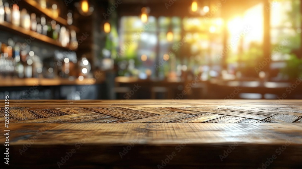 Empty Wooden Tabletop in Rustic Bar with Blurred Interior and Sunlight Shining Through Window Empty Wooden Tabletop in Rustic Bar with Blurred Interior and Sunlight Shining Through Window