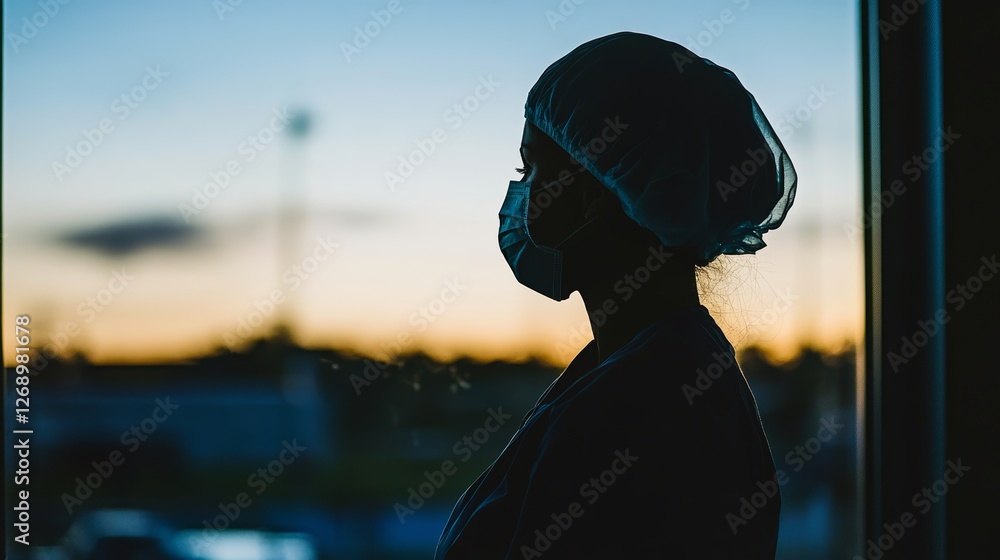 Fototapeta premium A Reflective Healthcare Worker Silhouetted against a Dusk Sky