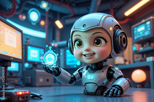 Adorable Robot Girl in Futuristic Lab Holding Glowing Orb AI Technology Childlike Robot