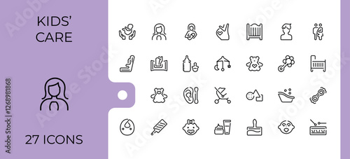 Set of Child care line icons. Contains such icons as tricycle, bear, pacifier, newborn, feeding, face and more. Minimalistic icons. Minimalist editable vector stroke.