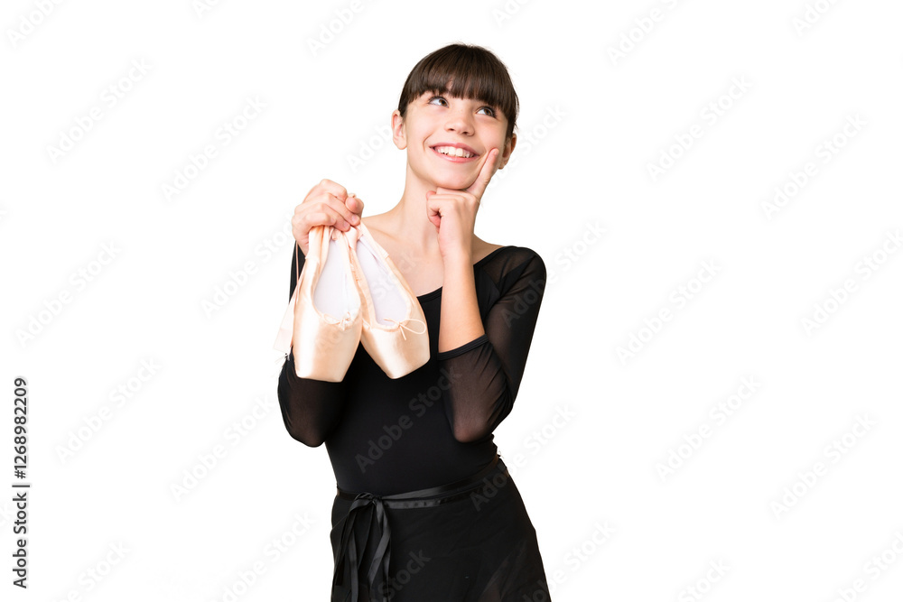 Little caucasian girl practicing ballet over isolated background thinking an idea while looking up Little caucasian girl practicing ballet over isolated background thinking an idea while looking up