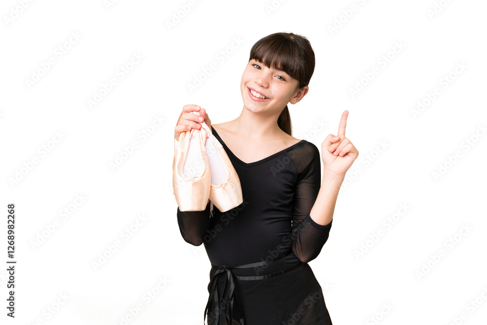 Little caucasian girl practicing ballet over isolated background showing and lifting a finger in sign of the best Little caucasian girl practicing ballet over isolated background showing and lifting a finger in sign of the best