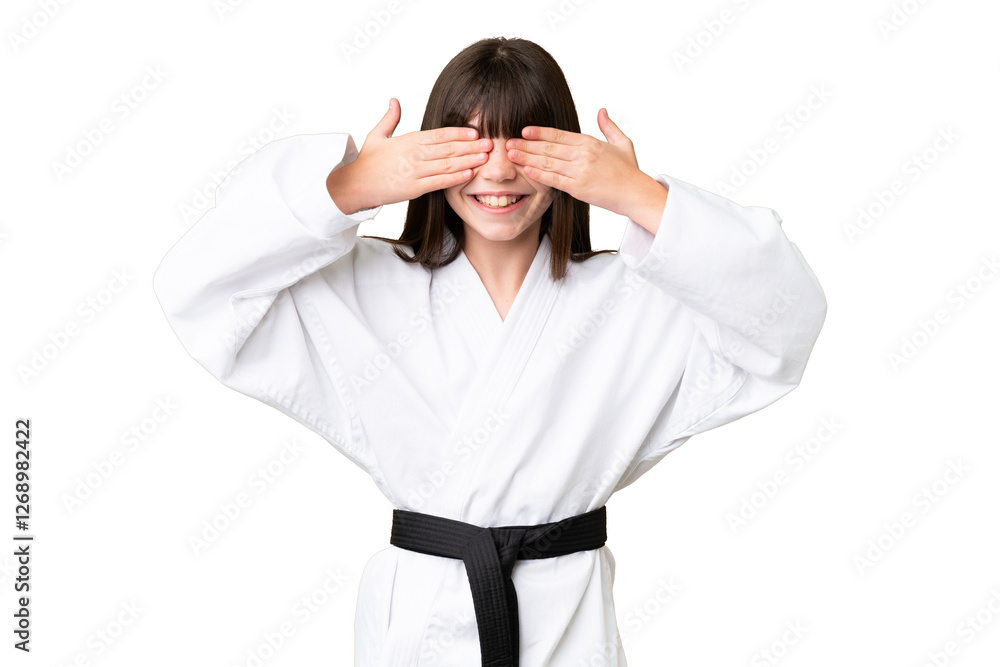 Little Caucasian girl doing karate over isolated background covering eyes by hands Little Caucasian girl doing karate over isolated background covering eyes by hands