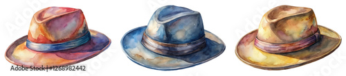 Watercolor hats illustration, stylish fedora designs, vibrant color palette, artistic fashion depiction, creative textile art.