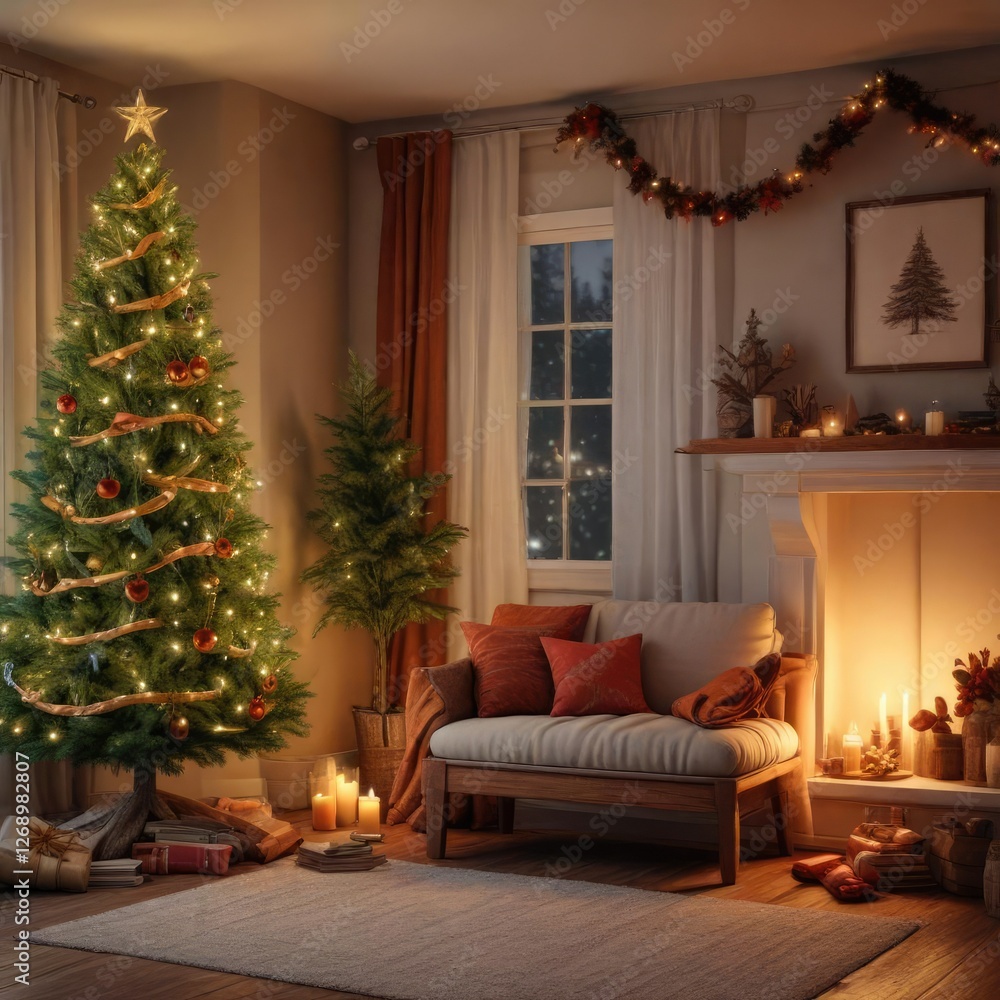 Cozy reading nook with a Christmas tree nearby decorated with cinnamon sticks, winter, cozy, reading nook Cozy reading nook with a Christmas tree nearby decorated with cinnamon sticks, winter, cozy, reading nook