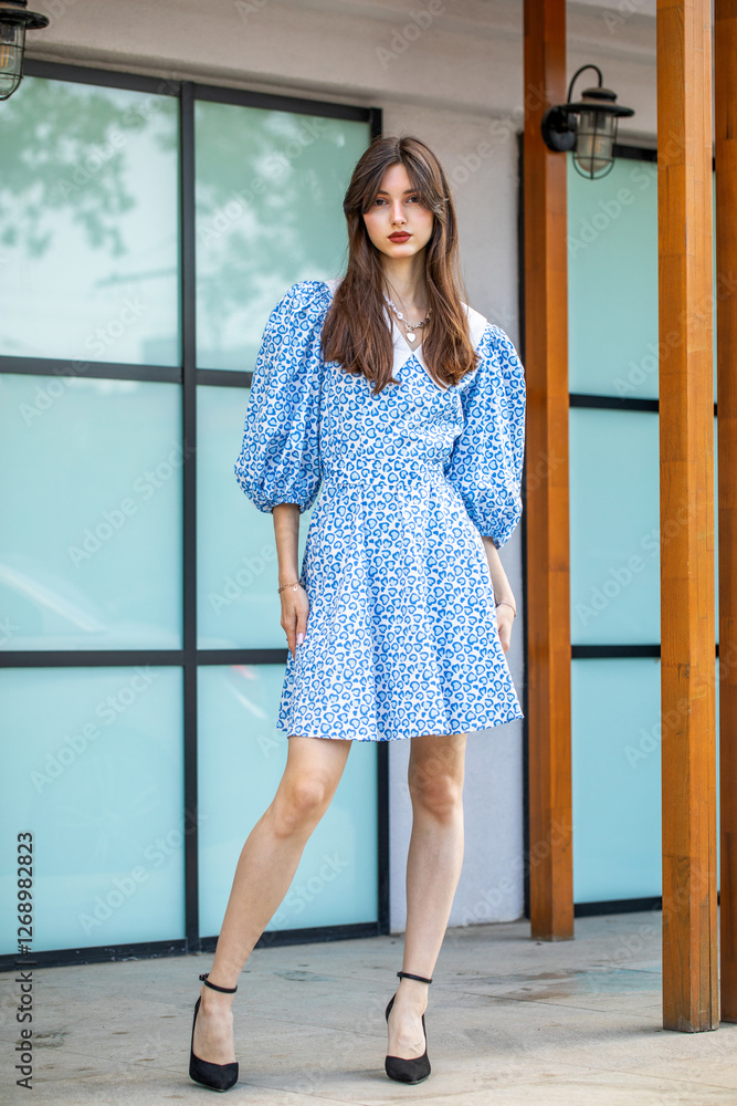 Portrait of a young beautiful woman in a blue dress Portrait of a young beautiful woman in a blue dress