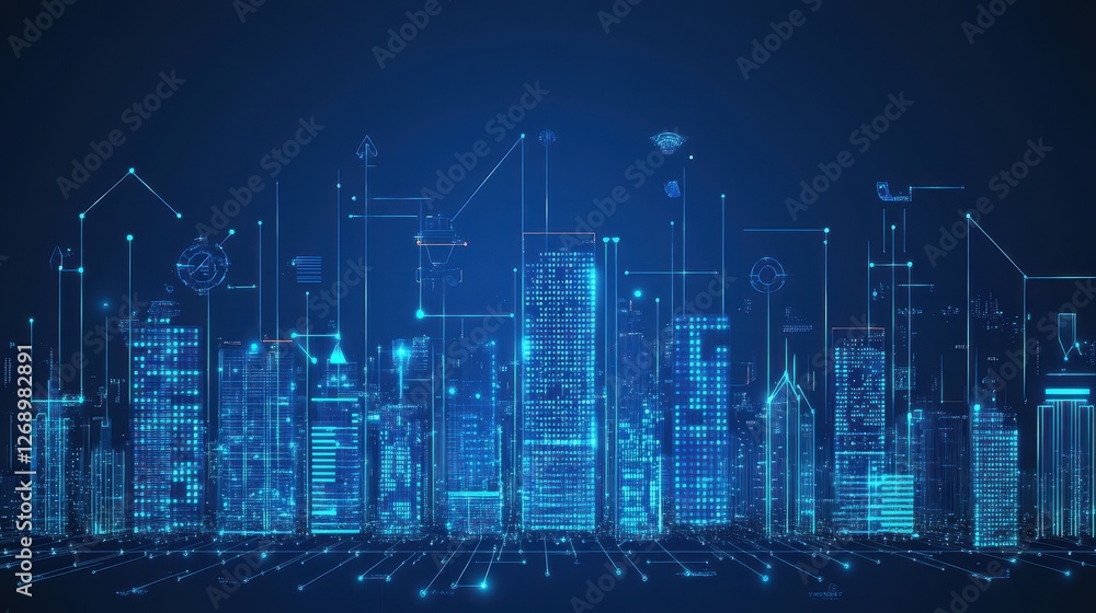 Naklejka premium Digital Cityscape Illuminated By Network Connections