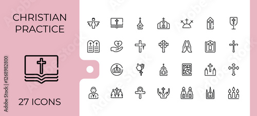 Set of Christian Religion line icons. Contains such icons as christianity, holy, catholicism, peace, spirit, easter and more. Minimal linear icons. Minimalist editable vector stroke.