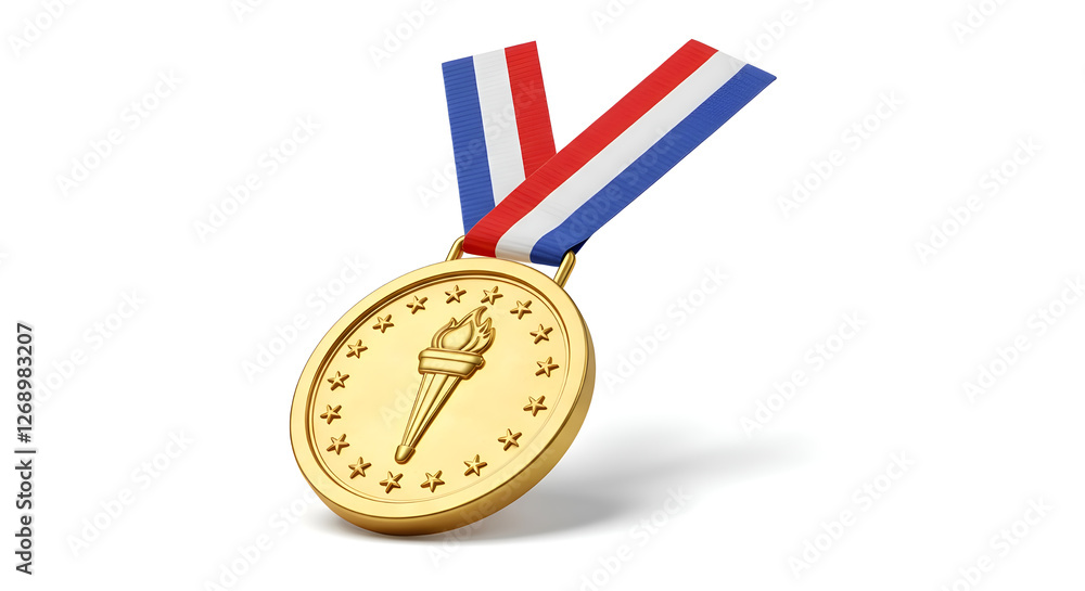 A gold medal with a torch emblem and star engravings hangs from a red, white, and blue ribbon, symbolizing victory, achievement, and excellence in sports, academics, or competitions A gold medal with a torch emblem and star engravings hangs from a red, white, and blue ribbon, symbolizing victory, achievement, and excellence in sports, academics, or competitions