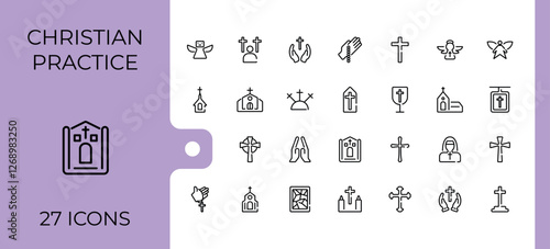 Set of Christian Religion line icons. Contains such icons as christianity, holy, catholicism, peace, spirit, easter and more. Minimal linear icons. Minimalist editable vector stroke.