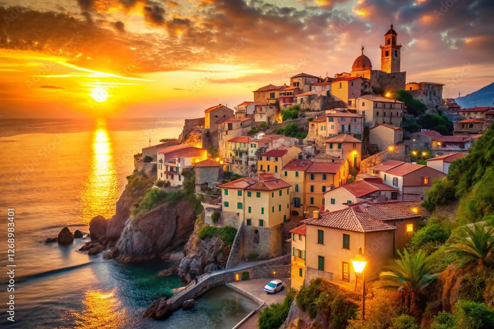 Naklejka premium Italian Medieval Coastal Town, Sunset Bokeh, Mediterranean Sea, Historic Architecture, Romantic Escape