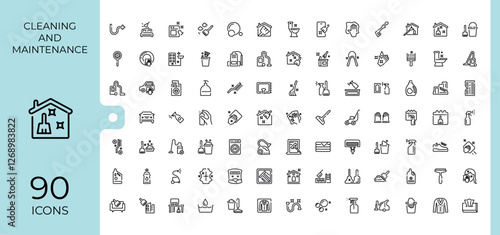 Cleaning And Maintenance icon set. Icons hygiene, stroke, sponge, scrubbing, disinfect, wash, clean and more. Icons for UI. Editable stroke. Vector illustration.