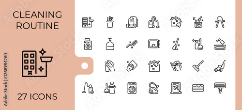 Cleaning And Maintenance icon set. Icons hygiene, stroke, sponge, scrubbing, disinfect, wash, clean and more. Icons for UI. Editable stroke. Vector illustration.