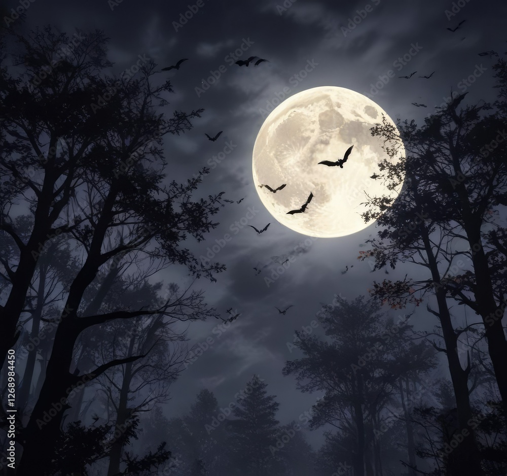 Fototapeta premium Dark forest with bats flying in the air near a bright full moon hanging low in the sky, atmospheric, full moon